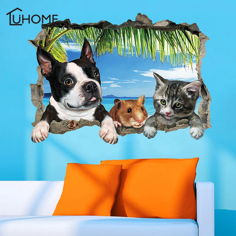 

3D Cats Dogs Hamster DIY Wall Sticker for Kids Room Living Room Home Decor Cute Animal Vinyl Decal Art Poster Hole View Stickers
