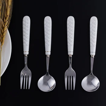 

Hot Sale Dinner Cutlery Forks Spoons Western Kitchen Dinnerware Emboss Ceramic Handle Stainless Steel Household Party Tableware