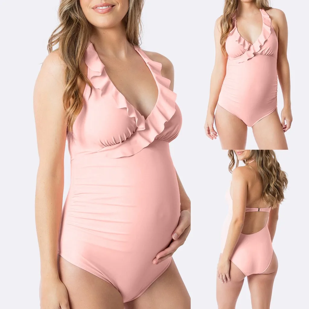 Telotuny Купальник для беременных, танкини, для женщин, Одноцветный, с оборками, цельный, Холтер, для беременных, большой размер, Купальник для беременных,#40