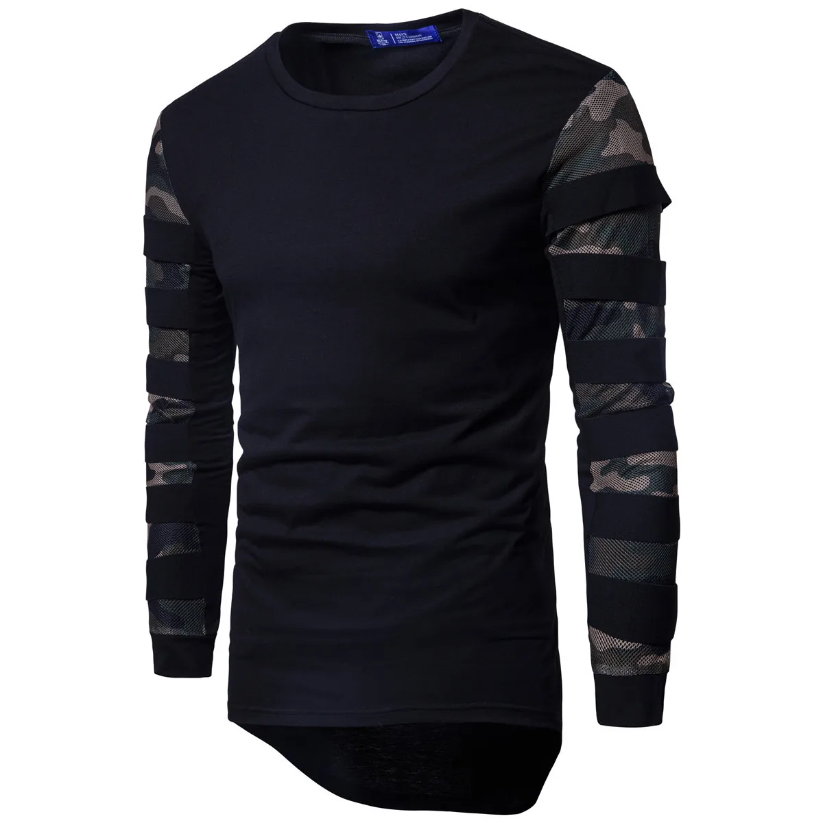 

Men's Long-sleeved Bottoming Shirt Plus Size Fashion Men Camouflage Mesh Stitching Irregular Hem Slim T-shirt for Male M-3XL