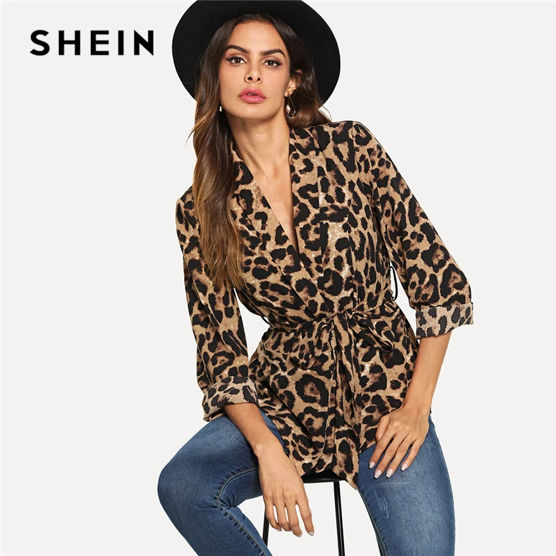 SHEIN Multicolor Highstreet Office Lady Shawl Collar Belted Leopard Print Elegant Blazer Autumn Workwear Women Outerwear