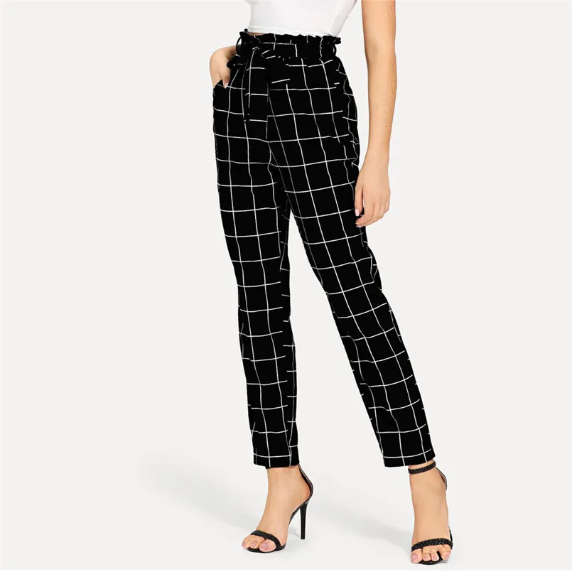 Casual Plaid Pants Women Elastic Waist Pants Women High Waist Bandage Trousers Pencil Pants Calca Feminina Wholesales #F#40SR706