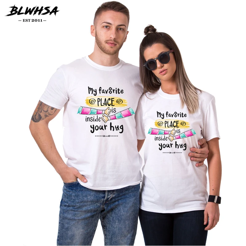 BLWHSA Couple T Shirt for Lovers My Favorite Place is Inside Your Hug Graphic Tees Couple Clothes Short Sleeve Unisex T-shirt