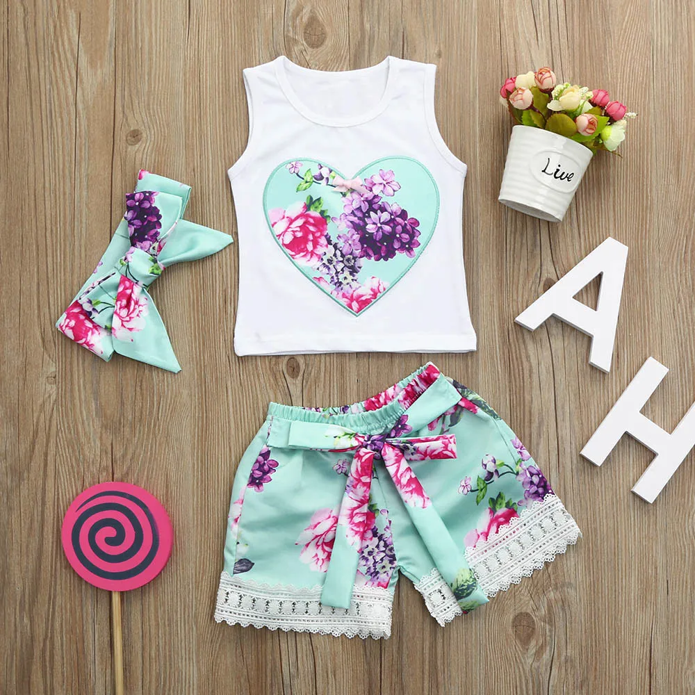 

Toldder Baby Girls Clothes Summer Children's Sleeveless Flower Love Tops Vest + Hair Strap + Shorts 3Piece set kids girl clothes