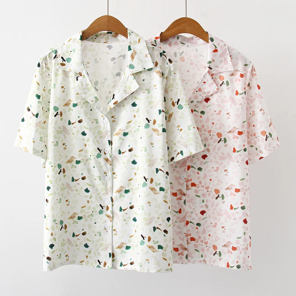Брендовая женская рубашка летняя модная Лоскутная рубашка с отворотом короткий рукав принт дышащий полиэстер размера плюс винтажная женская рубашка
