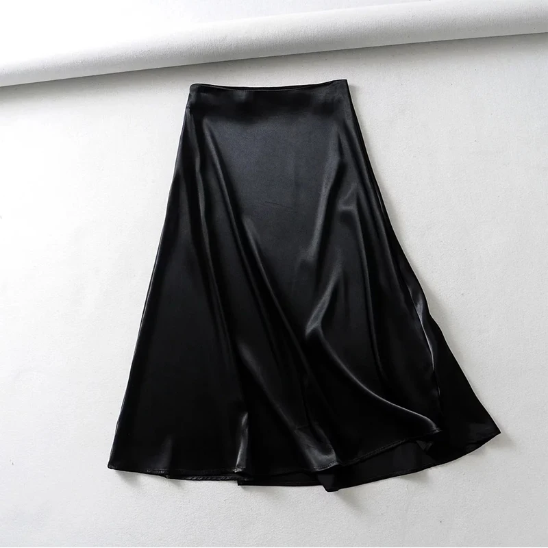 Шикарная юбка миди с высокой талией, шелковая атласная юбка, черная блестящая элегантная юбка для женщин s Faldas Mujer, модная женская одежда, юбка для женщин