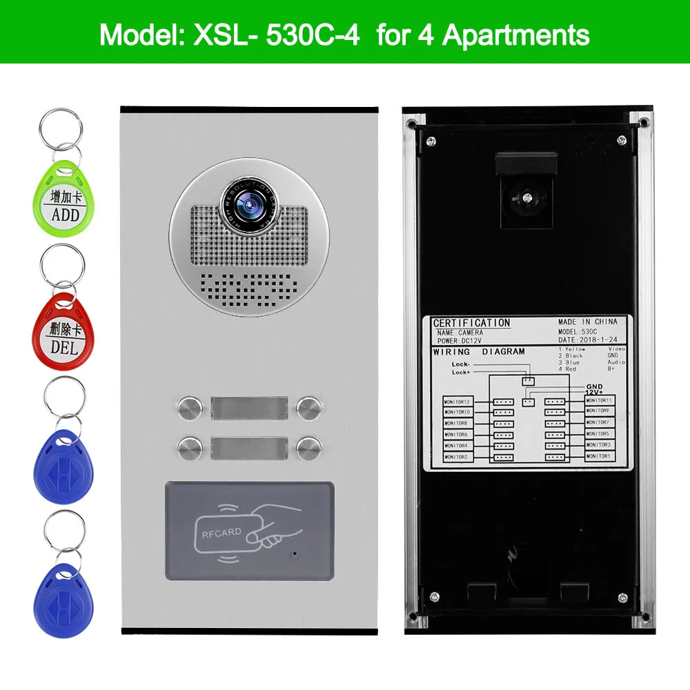 700TVL домофон с видео связью системы RFID Доступа наружная камера видеодомофон IR ночного видения для 2 3 4 6 квартиры - Цвет: 530C-4 Camera