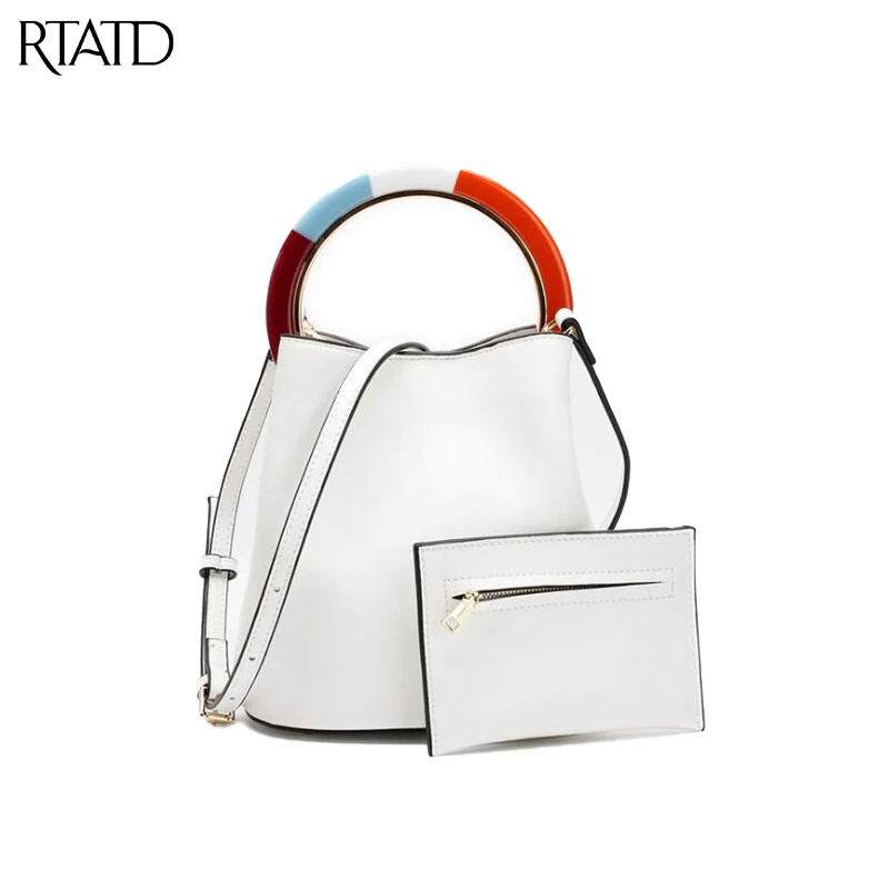 

RTATD Fashion Ring Composite Hand Bag Chic Split Leather Bucket Design Women Bag With Purse Inside Chain Shoulder bags C152