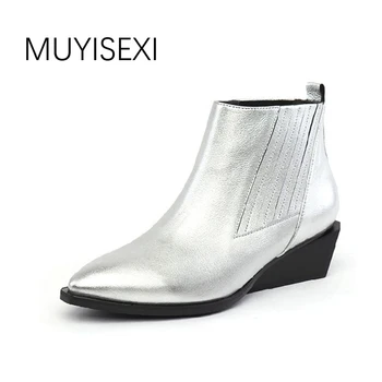 

Chelsea Boots Genuine Leather Shoes Women sexy Ankle Boots fashion heel Pointed Toe Bootie Botas Femininas 34-41 HL05 MUYISEXI