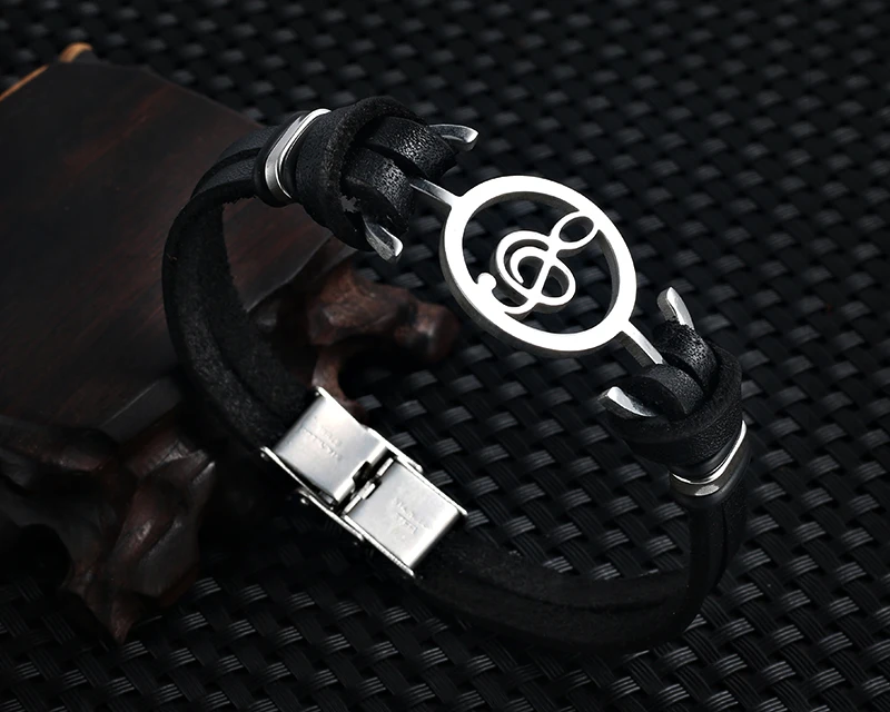 

High Quality Stainless Steel Musical notes Bracelet Genuine Leather Punk Music Bangle For Women Men Gothic Charm Fashion Jewelry