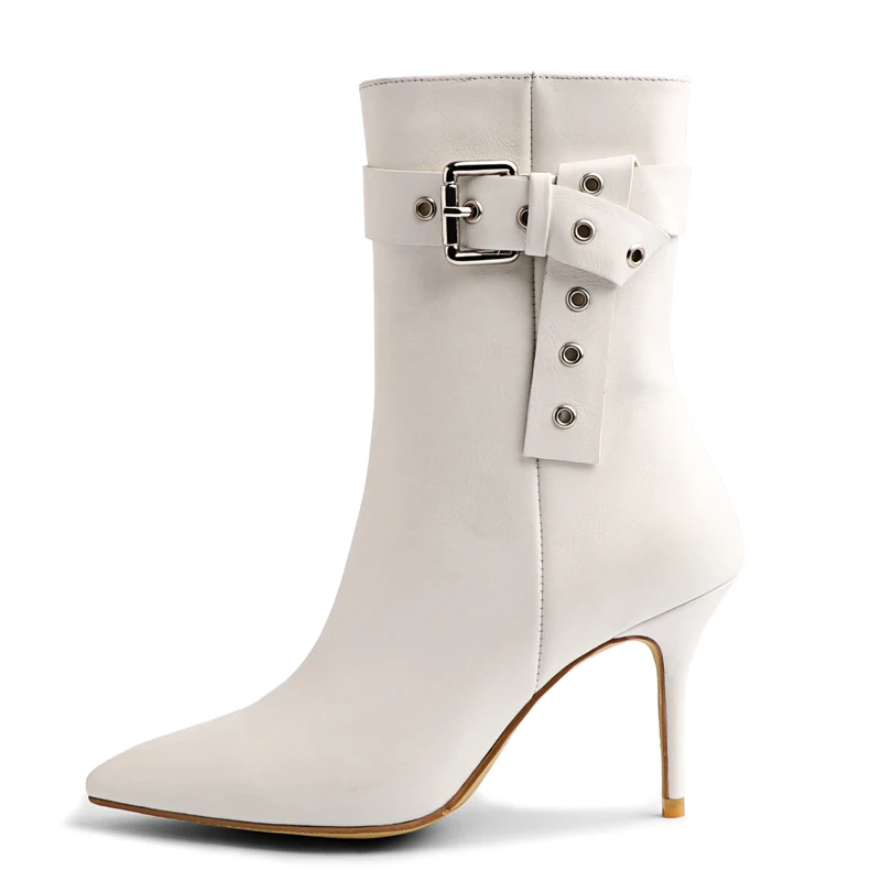 

2019 autumn winter women boots Fashion design white pointed toe buckle ankle boots Genuine leather high heels boots hot sale 42
