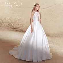 Ashley Carol Мода o-образным вырезом спинки простой сатин свадебное платье суд Поезд Изящные невесты платье принцессы Свадебные платья