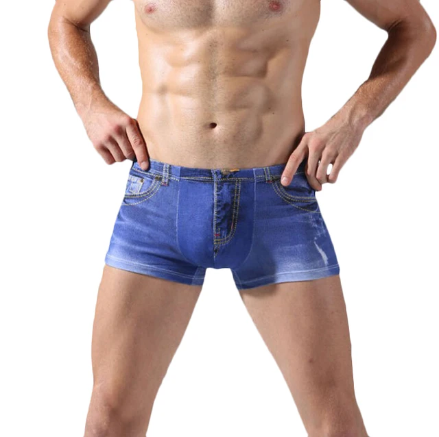 Men Denim Underwear 3D Sexy Boxer Jeans Shorts Classic Print Boxers