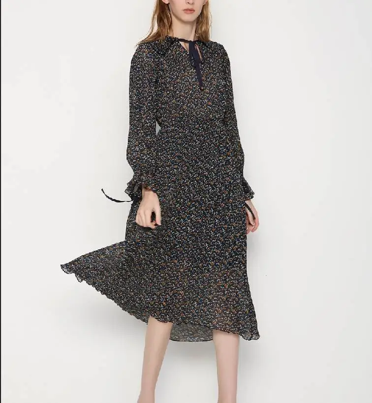 

2017 new women spring dress high quaity print flower chiffon silk pleated dress with bow