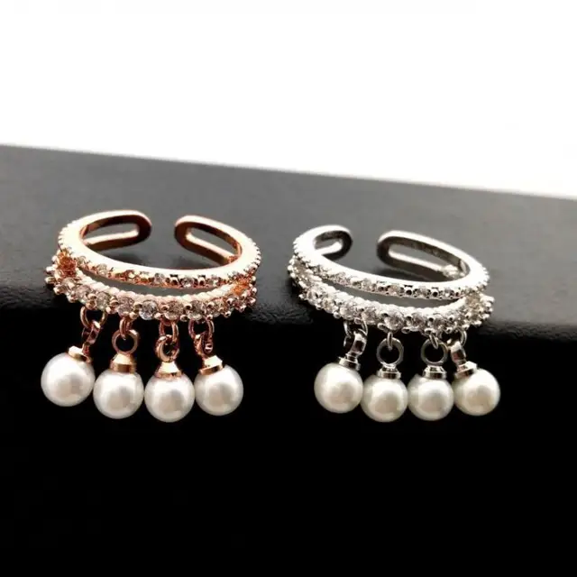 Women Adjustable Ring Rose Gold-color  Simulated Pearl Jewelry Rings With Micro Pave Zircon Decoration Fine Gift