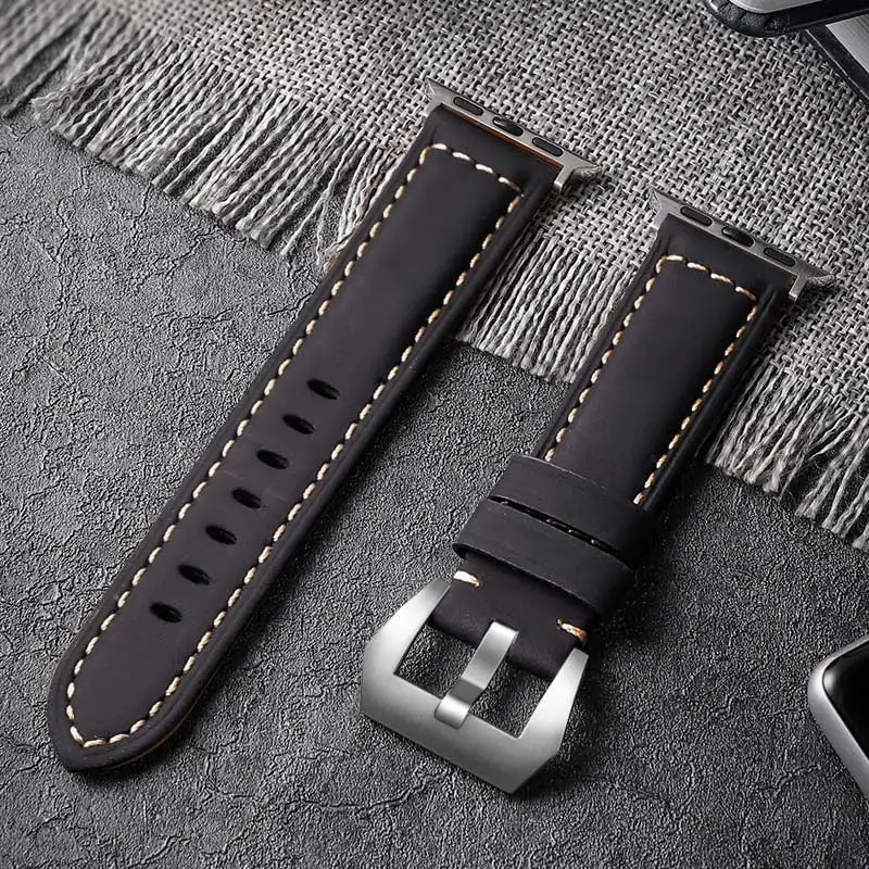 STJ ремешок для часов из воловьей кожи ручной работы для Apple Watch 42 мм 38 мм и Apple Watch Series 4 3 2 1 ремешок для iWatch 44 мм 40 мм браслет - Цвет ремешка: Silver-Black