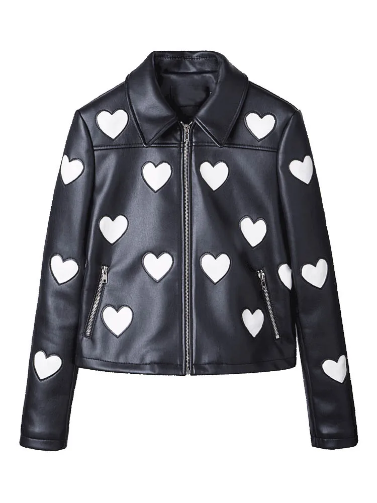 7Mang Women Cute Heart Pu Leather Jacket Street Sweet Turn down Collar Soft Slim Ladies Coat Black Long Sleeve Party Jacket - Цвет: Черный