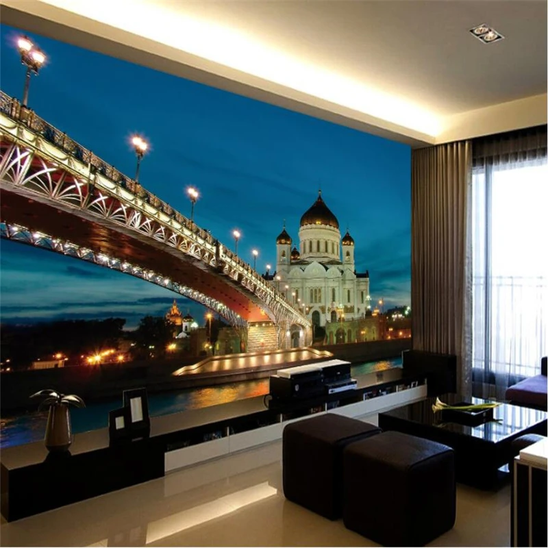 

beibehang Custom 3D Wallpaper Beautiful City Bridge European Architecture Night Background Wall Paintings