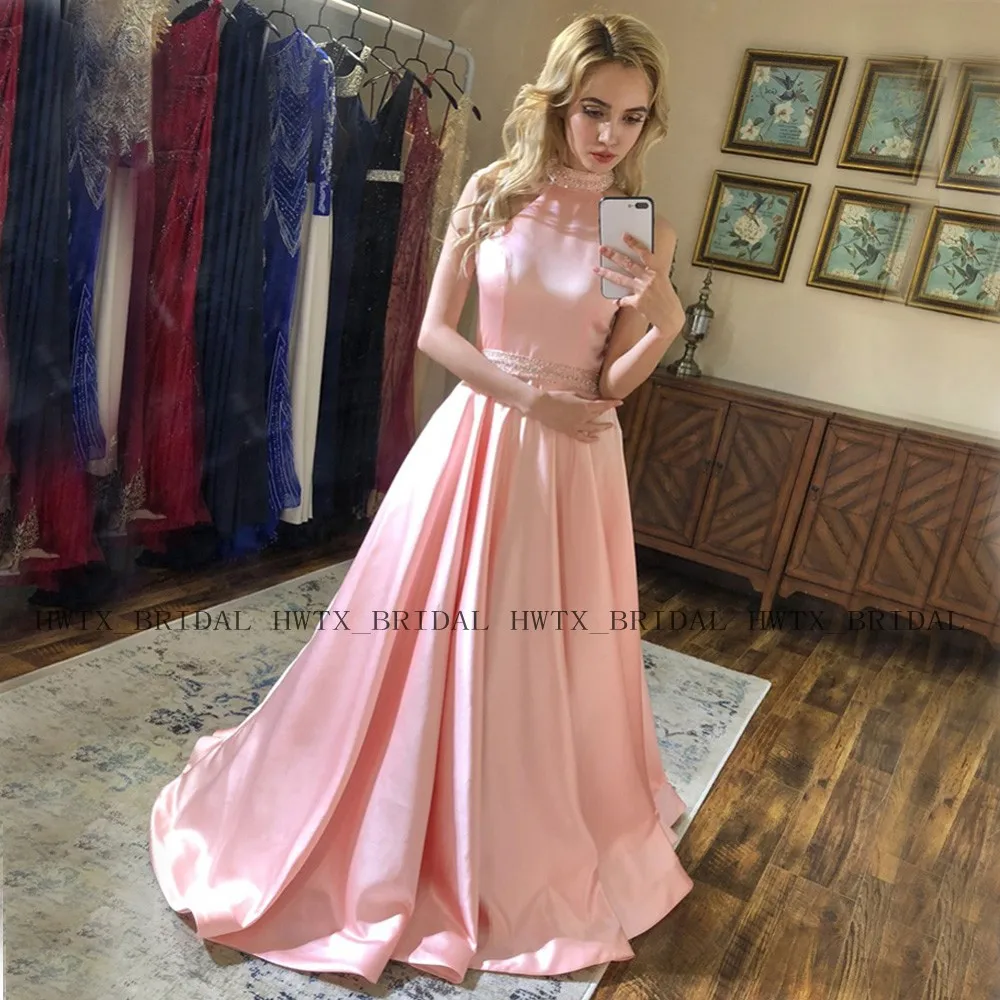 

2019 Pink Prom Dresses Long A-Line Halter Backless Elegant Satin Beaded African Black Girls Evening Gown Formal Occasion Dress