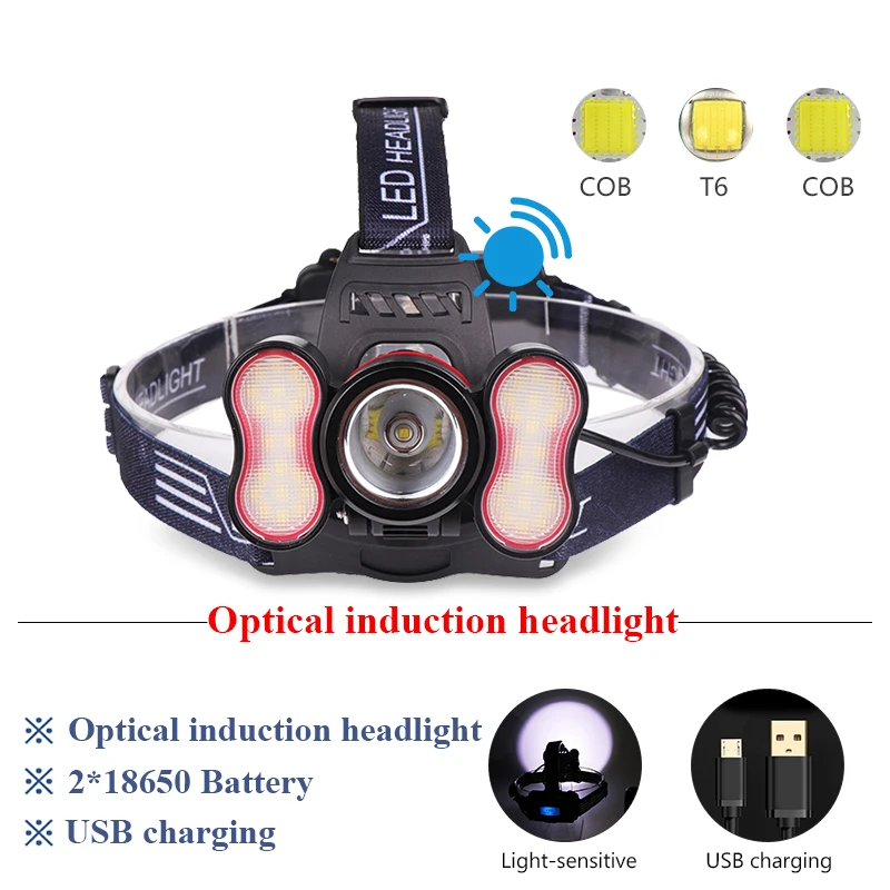 buy rechargeable headlamp Bright sensing usb head lamp COB headlight 18650 t6 head torch flashlight head lantern lampe frontale