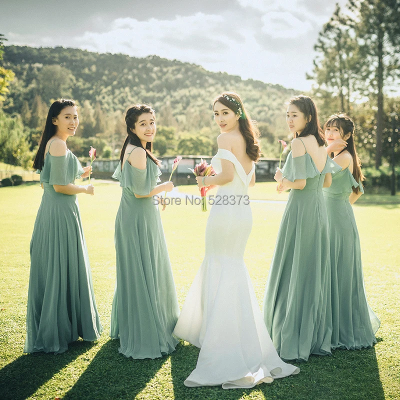 

YNQNFS BD10 Chiffon Off the Shoulder Ruffles Wedding Party Dress Violet Light Green Bridesmaid Dresses Long Real Photos