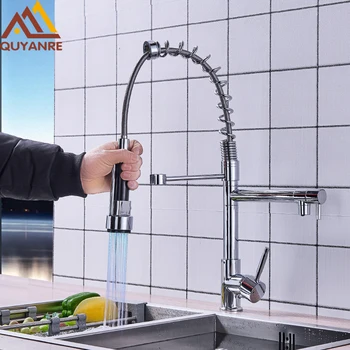 

LED Chrome Spring Kitchen Faucet LED Pull Down Spray Dual Spouts 360 Roation Mixer Tap For Kitchen Hot Cold Water Sink Mixer Tap