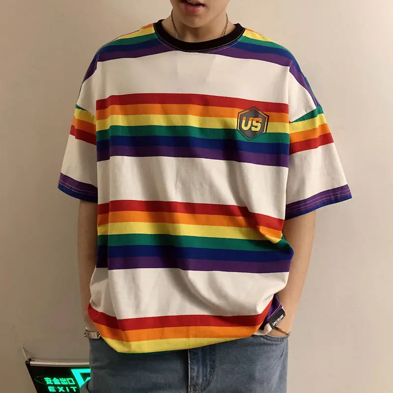 

Stripe Short sleeve T Shirt Men O neck Loose Summer Tops Hip hop Streetwear Rainbow Tee Shirts Mens Clothes