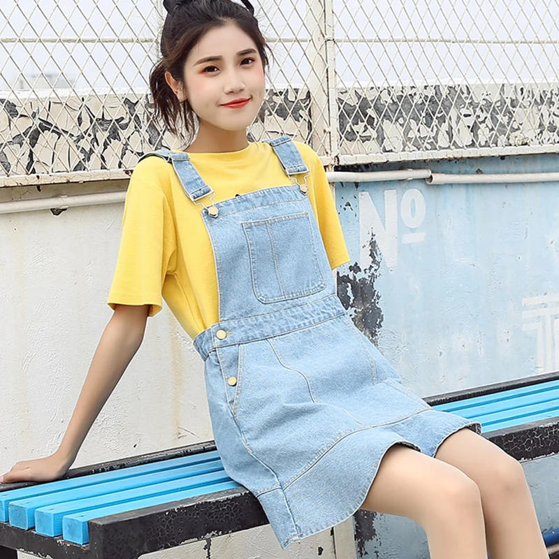 

Spring Summer Mini Denim Dress Women Suspender Jeans Dresses Casual Loose Pockets Vestidos Korean Blue Dress Women Clothes