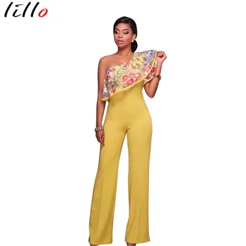 

Temperament Women's Jumpsuit High Quality Embroidery Hot Fashion Women's One Shoulder Embroidery Ruffle Sexy Jumpsuit white