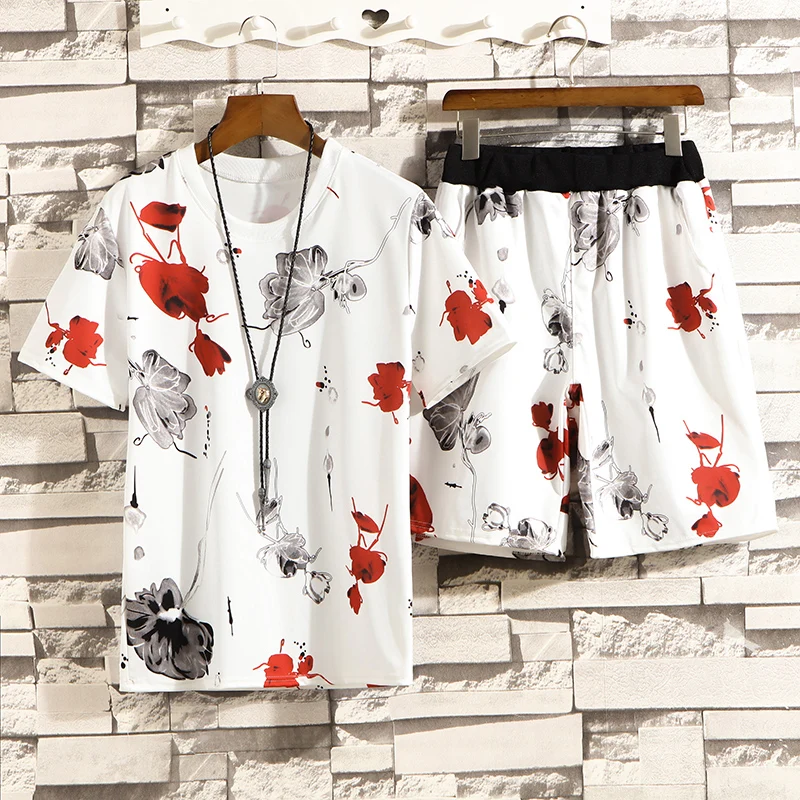 

(Shorts + T-shirt) Suit Men's Summer Chinese Style Fashion High Quality Casual Suit Men's Slim Shorts + T-Shirt Print Sports Set