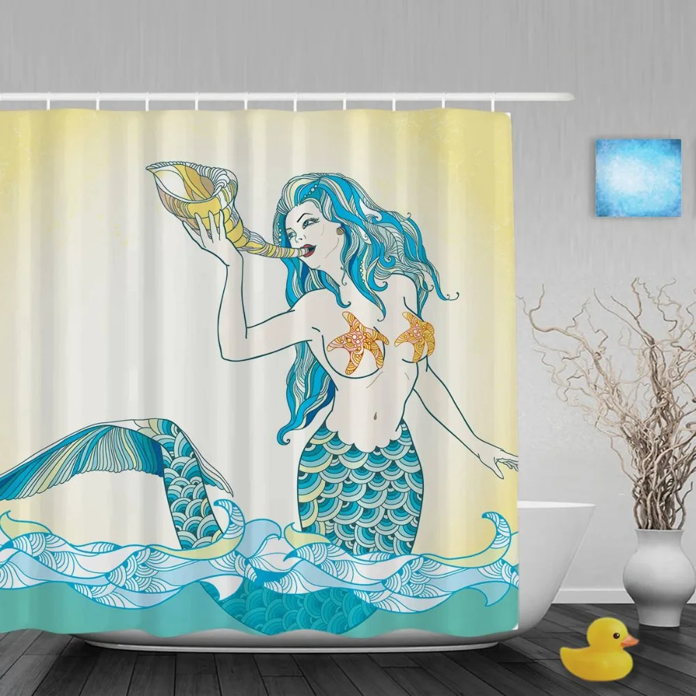 Blue-Hair-Sea-Mermaid-Blowing-Conch-Bathroom-Shower-...