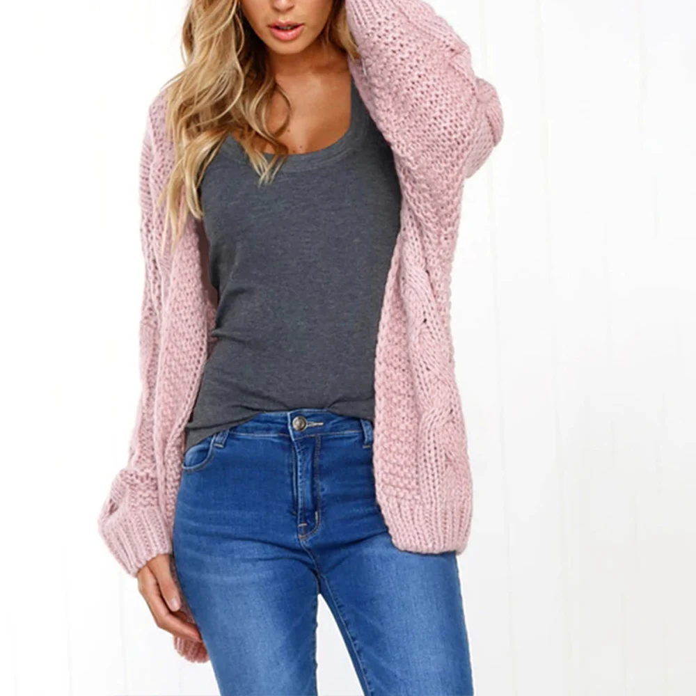 Pink Knitted Sweaters Women Winter Warm Batwing Sleeve Loose Cardigan
