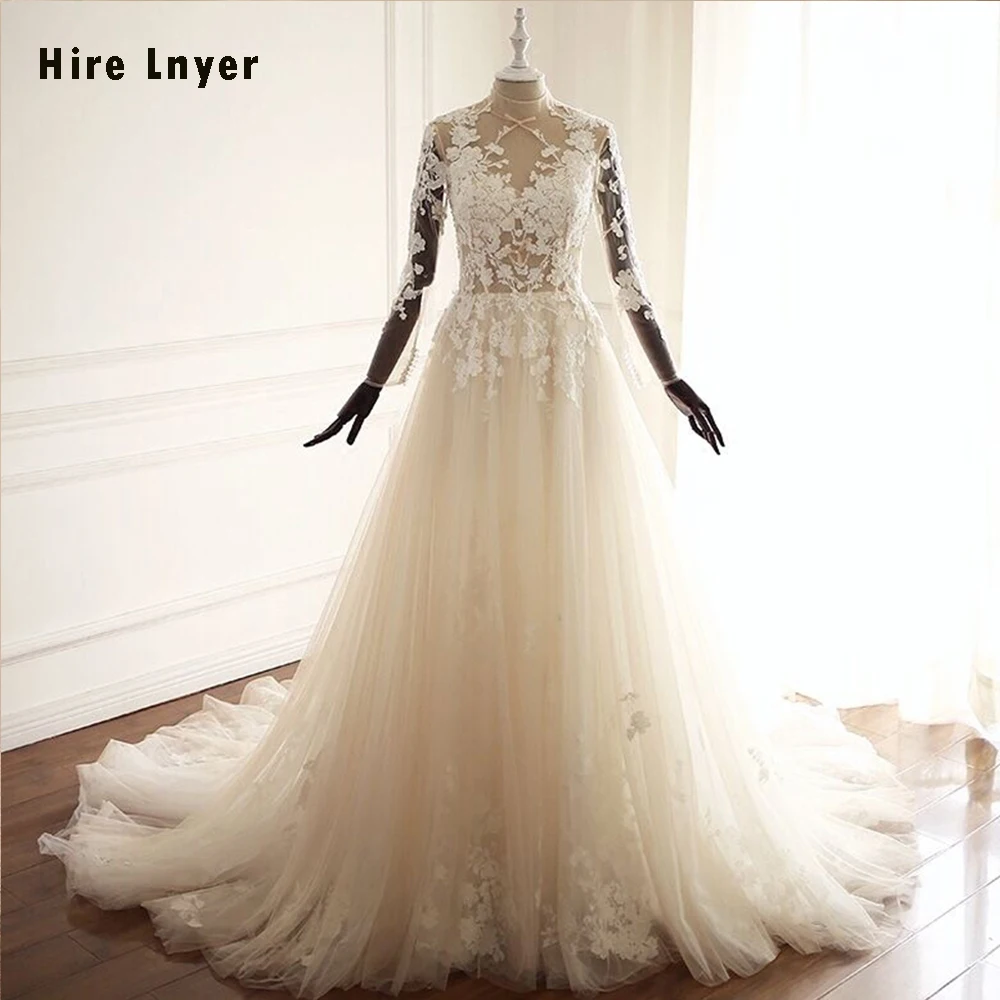 HIRE LNYER Mariage свадебные платья трапеции с высоким воротом и длинным рукавом