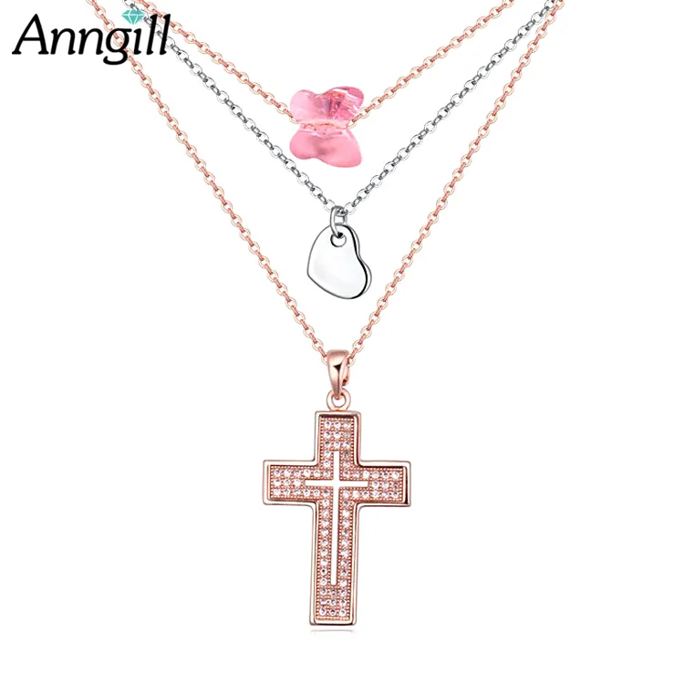 

ANNGILL Boho Choker Necklace Crystals from Swarovski Cross Heart Pendants Necklace Fashion Multilayer Chain Necklaces for Women