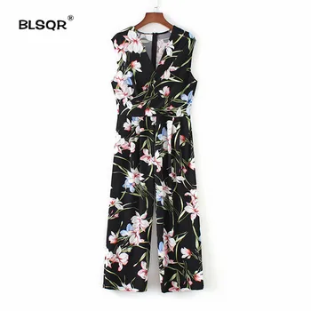 

Women V neck Floral Pattern Print Jumpsuits Sleeveless Back Zipper Stretchy Rompers Vintage Ladies Casual Playsuits