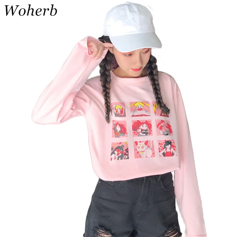 

Woherb 2019 Spring Long-Sleeve T-shirt Loose Harajuku BF Wind T shirt Women Wild Cartoon Print Tshirt Kawaii Tops Tide Tee 73791