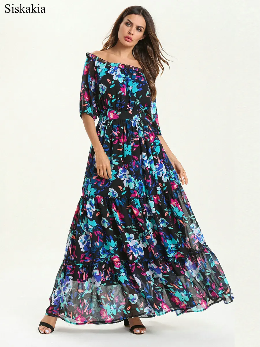 Siskakia Office Ladies Summer Dress Print Elastic Waist Slash Neck Wrapped Breast Long Dresses Color Chiffon Swing Female Dress (4)