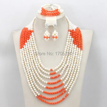 

Luxury African Wedding Pearl Jewelry Set Romantic Layers Pearl Bridal Necklace Set Coral Beads Jewelry Gift Free Shipping PJ001
