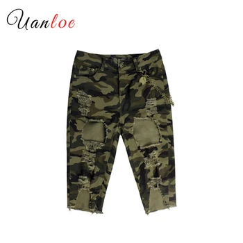 

Camo Torn Bermuda Shorts Woman Mid Waist Stretchy Distressed Denim Camouflage Knee Length Shorts For Women