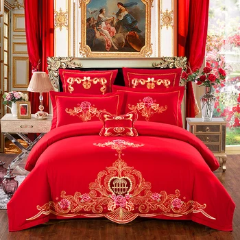 

4/7Pcs 100%Cotton Luxury Red Wedding Duvet cover Bed sheet set King Queen size Bedding set Embroidery Bed set Pillow shams