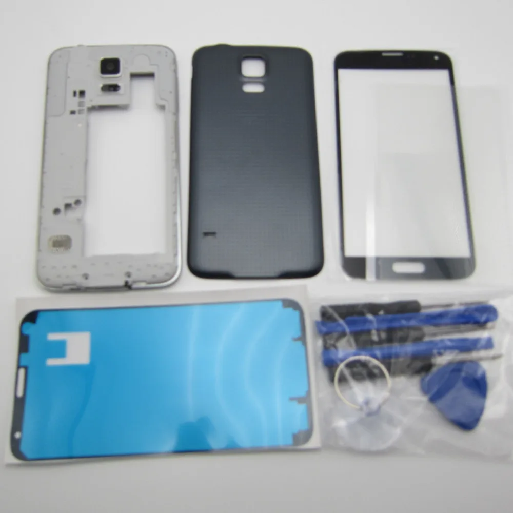  Full Housing Middle Frame & Rubber Seal Back Cover & Screen Glass Replacement for Samsung Galaxy S5 S V G900F G900M/T with tools 
