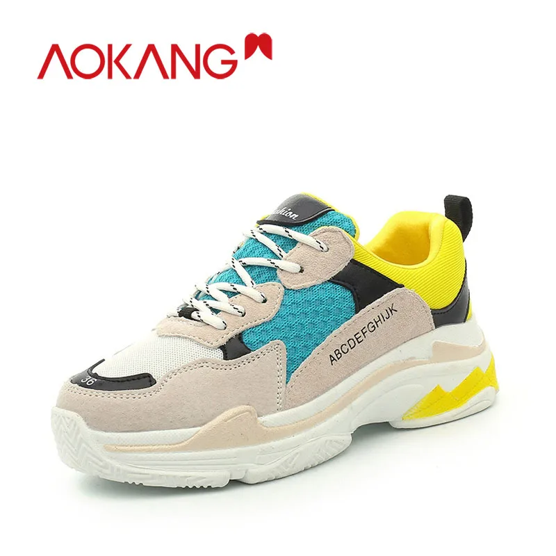

AOKANG huanqiu New Designer Shoes Woman Wedges Platform Sneakers Lace-Up Breathable Tenis Feminino Casual Chunky Sneakers Ladies