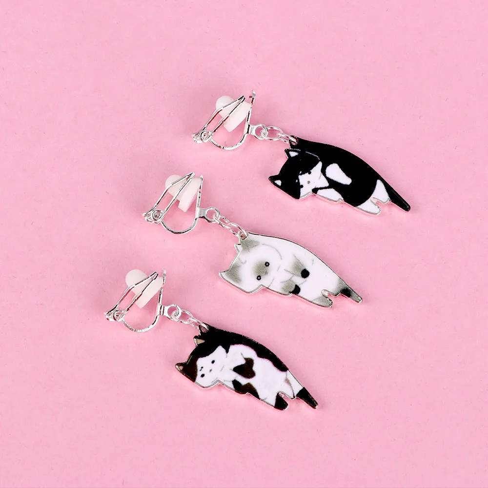 

1 pair Japanese style Fashion Cute Cat Earrings White Black White Hang Enamel Piercing Ear Clip women girls Stud Earrings