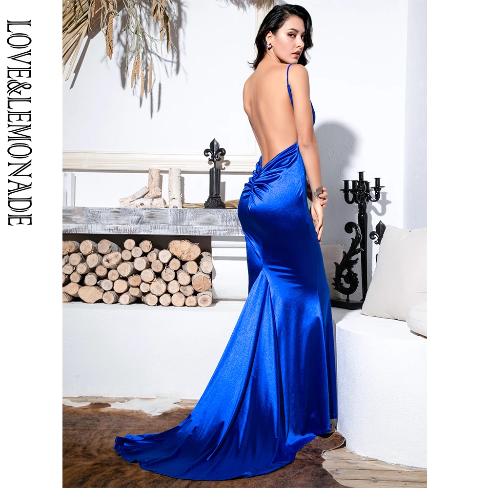 Love& Lemonade сексуальное синее длинное платье с глубоким v-образным вырезом и открытой спиной LM81222 Blue