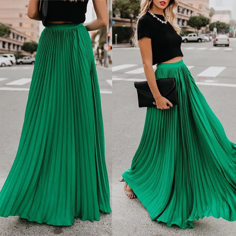 Economici A pieghe In Chiffon A Vita Alta delle Donne Maxi Gonne di Lunghezza Del Pavimento Solido Pannello Esterno Lungo Delle Signore 2019 Allentato Verde Nero Rosso Gonne e Pantaloni femminile