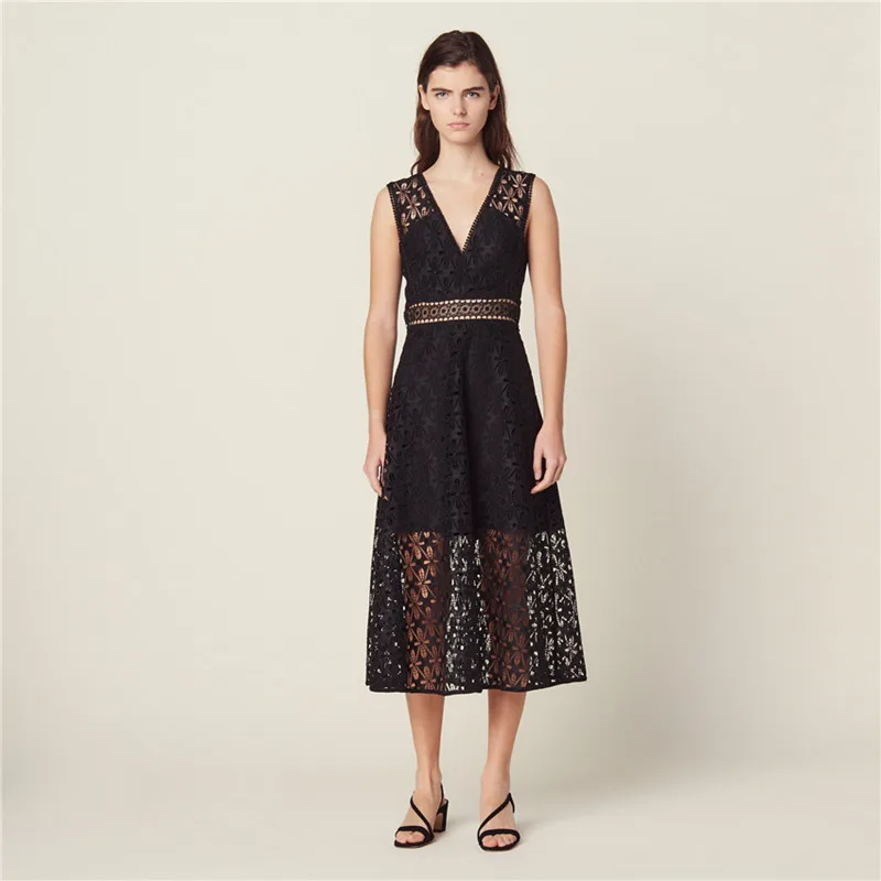 

2019 New Women Black Lace Midi Dress Sleeveless V Neck Hollow Out Tank Dress