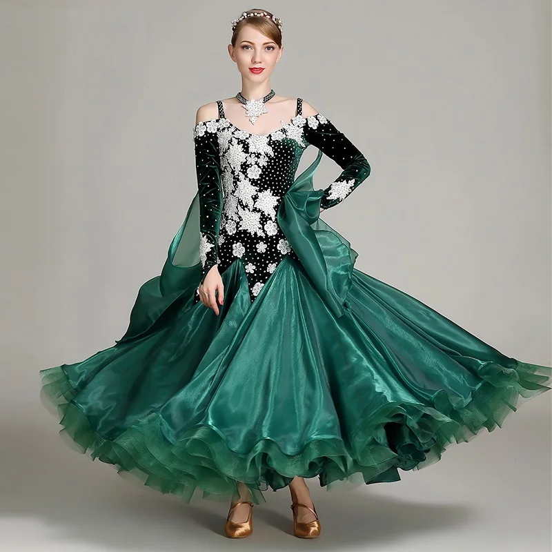 Lady Ballroom Dancing Dress Long Sleeve Diamond Dance Costumes Girls