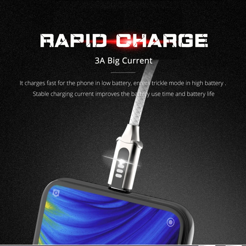 Rock 3A Led USB Cable de tipo C para Xiaomi Samsung Huawei de desconexión automática de sincronización de datos de carga rápida cargador de 1 m luminosa luz de Flash