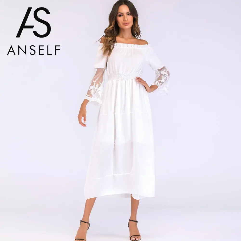 

Korea Fashion Maxi Long Dress Sexy Off Shoulder women dress Lace Flare Sleeve Elegant Party clubwear summer beach dress white
