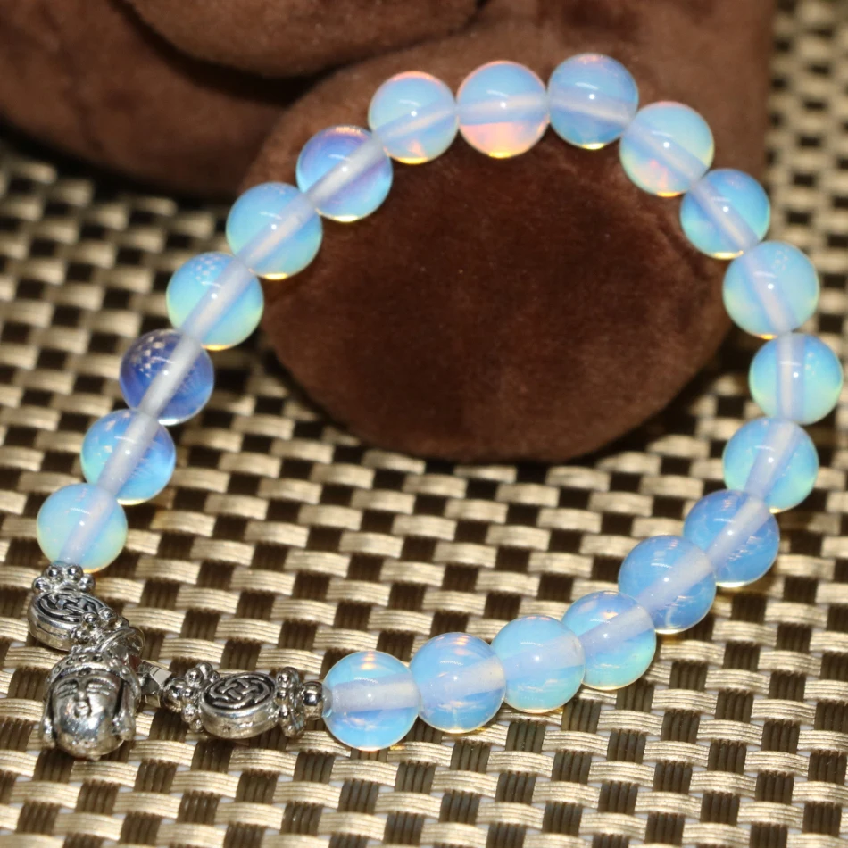 

New fashion unique bracelet white round 8mm opal moonstone retro buddha head pendant jewelry making for women 7.5inch B2181